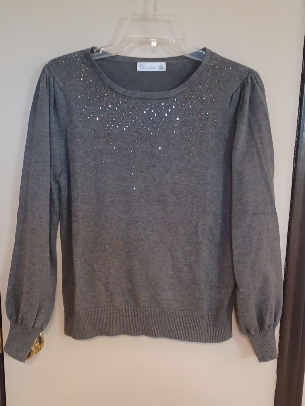 89th & Madison Gray Crewneck Sweater with Crystal Accents